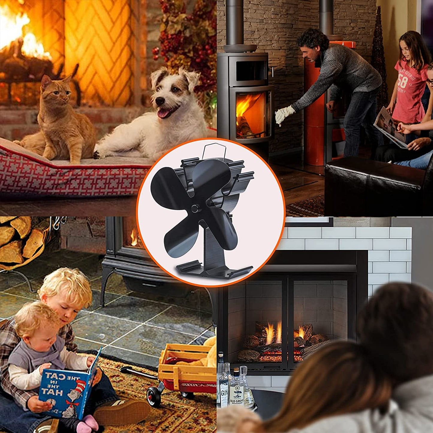 4-Blade wood stove Fan, Heat Powered Stove Fan for Log Burner/Fireplace with Magnetic Thermomete