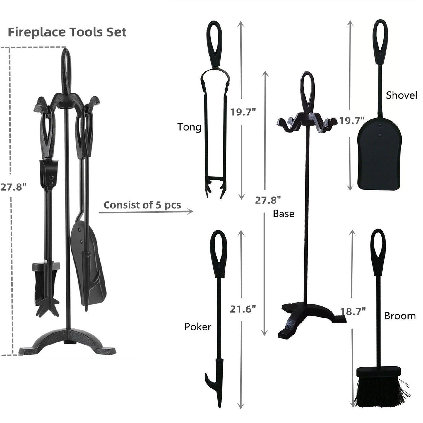 VODA Fireplace Tools Sets Cast Iron Indoor Fireset Fireplace Small 5 Pcs Pit Stand, Poker, Shovel, Brush,Wood Stove Log Tongs, Holder Tools Kit Sets Stand