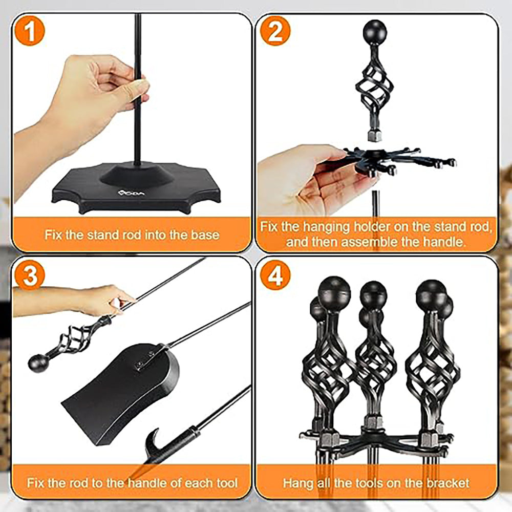 VODA Fireplace Tools Set,fireplace set Tools,5-Piece Cast Iron 33.5" Fireplace Set,Fireplace Tool Kit,Indoor fire place kit Outdoor Holder Fire Kit