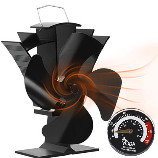 VODA Wood Stove Fan Eco Fan Heat Powered Friendly Circulation Black with Magnetic Thermometer for Wood/Log Burner