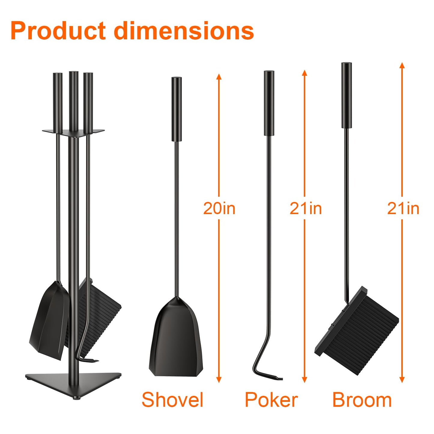 VODA Fireplace Tools Set, 4 Pcs 22.8 Inch Fireplace Tools Black Cast Iron Small Outdoor/Indoor Fireplace Accessories with Poker, Shovel, Broom, Fireplace Tool Stand