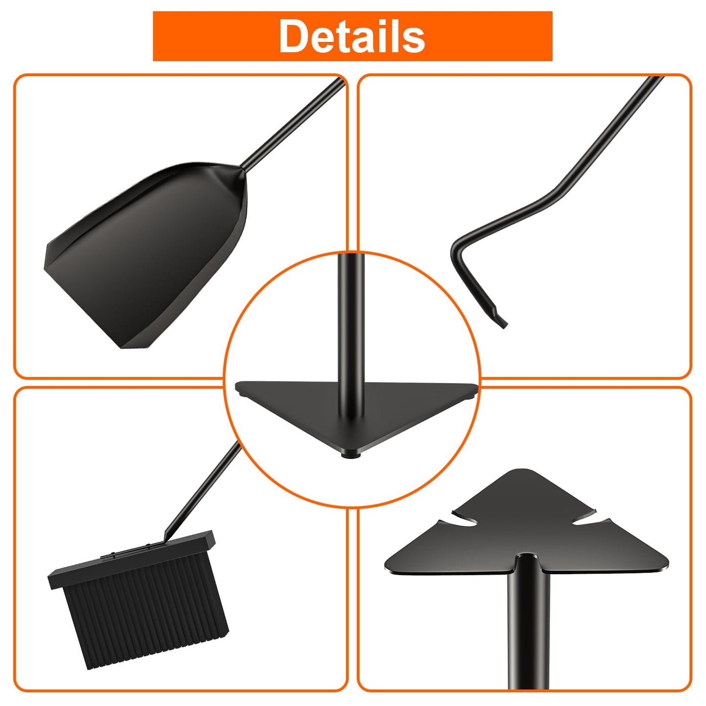 VODA Fireplace Tools Set, 4 Pcs 22.8 Inch Fireplace Tools Black Cast Iron Small Outdoor/Indoor Fireplace Accessories with Poker, Shovel, Broom, Fireplace Tool Stand